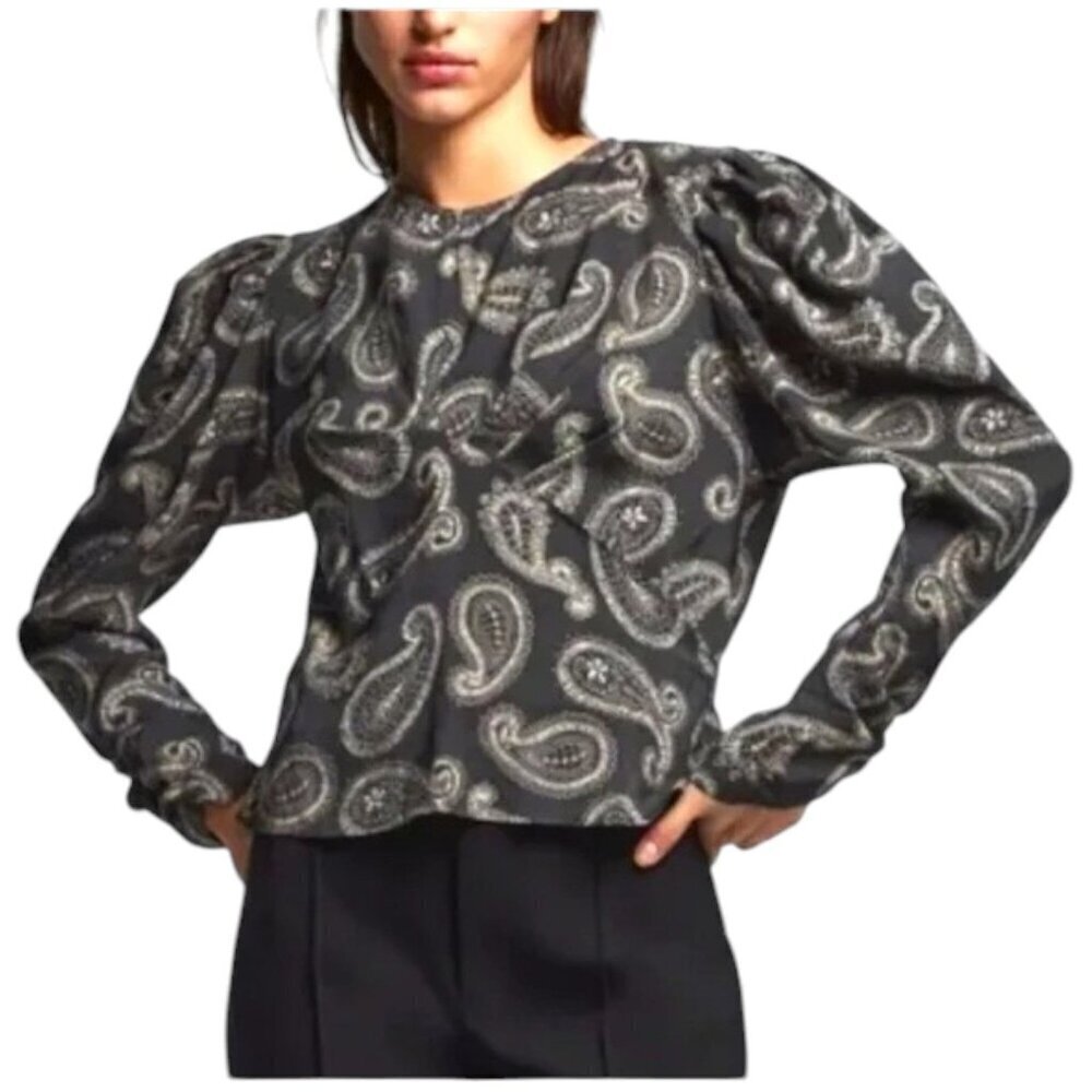 Zara Paisley Puff Sleeve Blouse Long Sleeve Boho Retro 70s Office Gray Womens XL